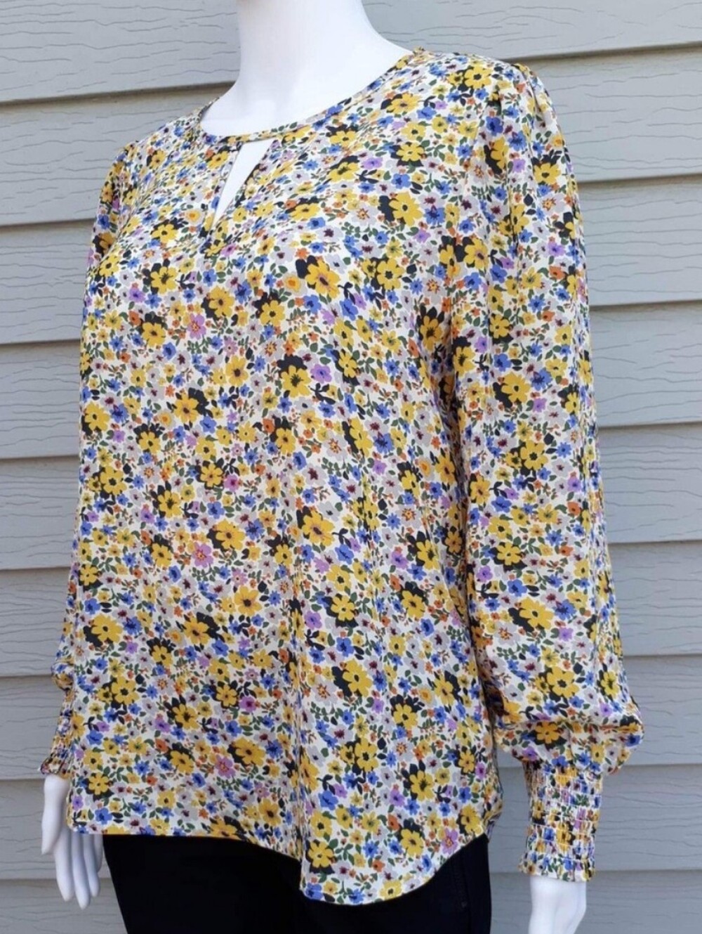 Pleione Yellow Multicolor Floral Keyhole Blouse